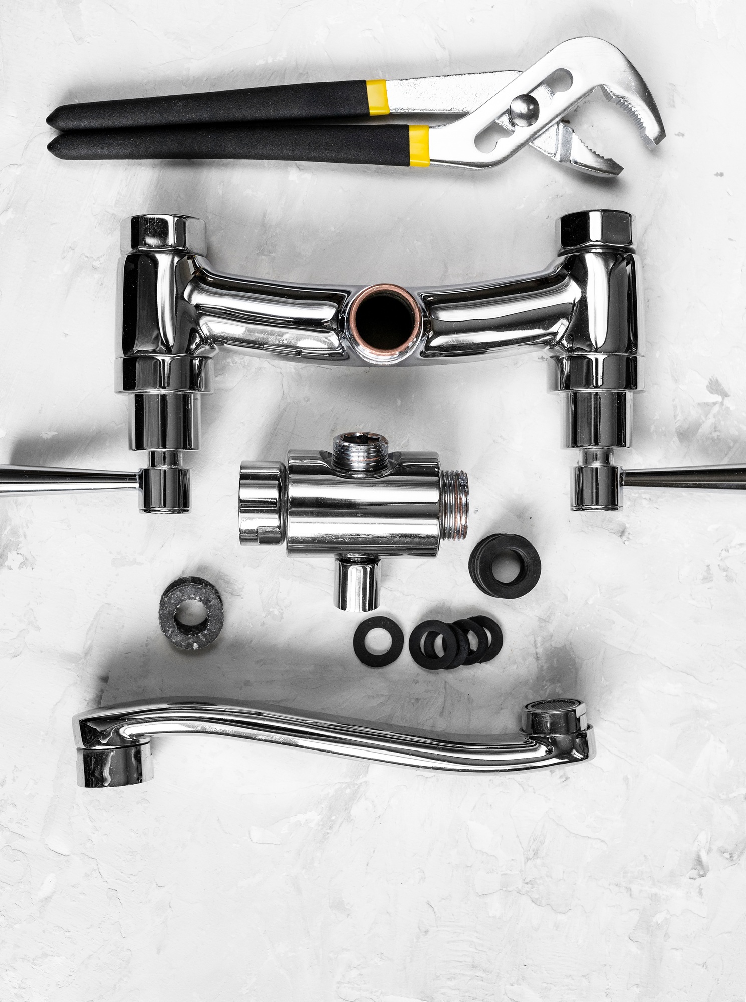 top view of wrench, faucet valve, diverter, spout